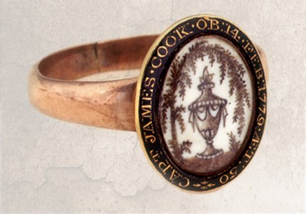 Mourning ring for Elizabeth Cook, widow of Captain James Cook. Gold, enamel, funeral-urn motif. Engraved CAPT. JAMES COOK. OB. 14. FEB. 1779. AET. 50. A surviving Jago commission from the 18th century.